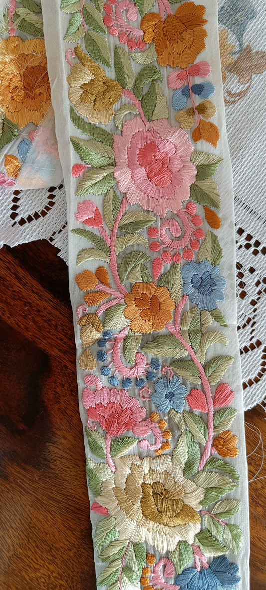 White multicolored hand embroidered parsi gara border