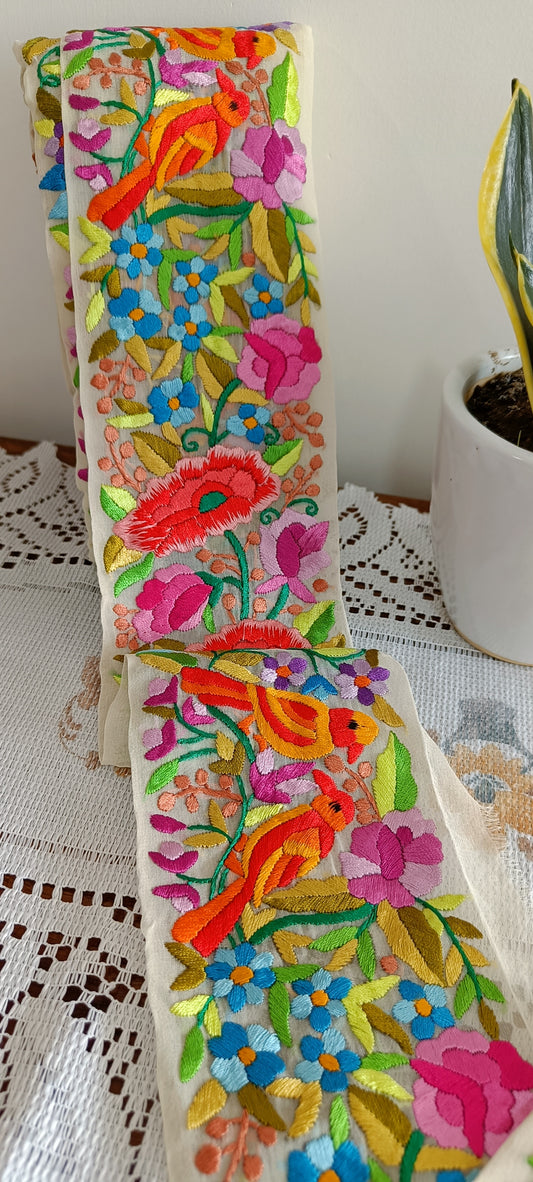 Cream Multicolored Hand Embroidered Parsi Gara Border