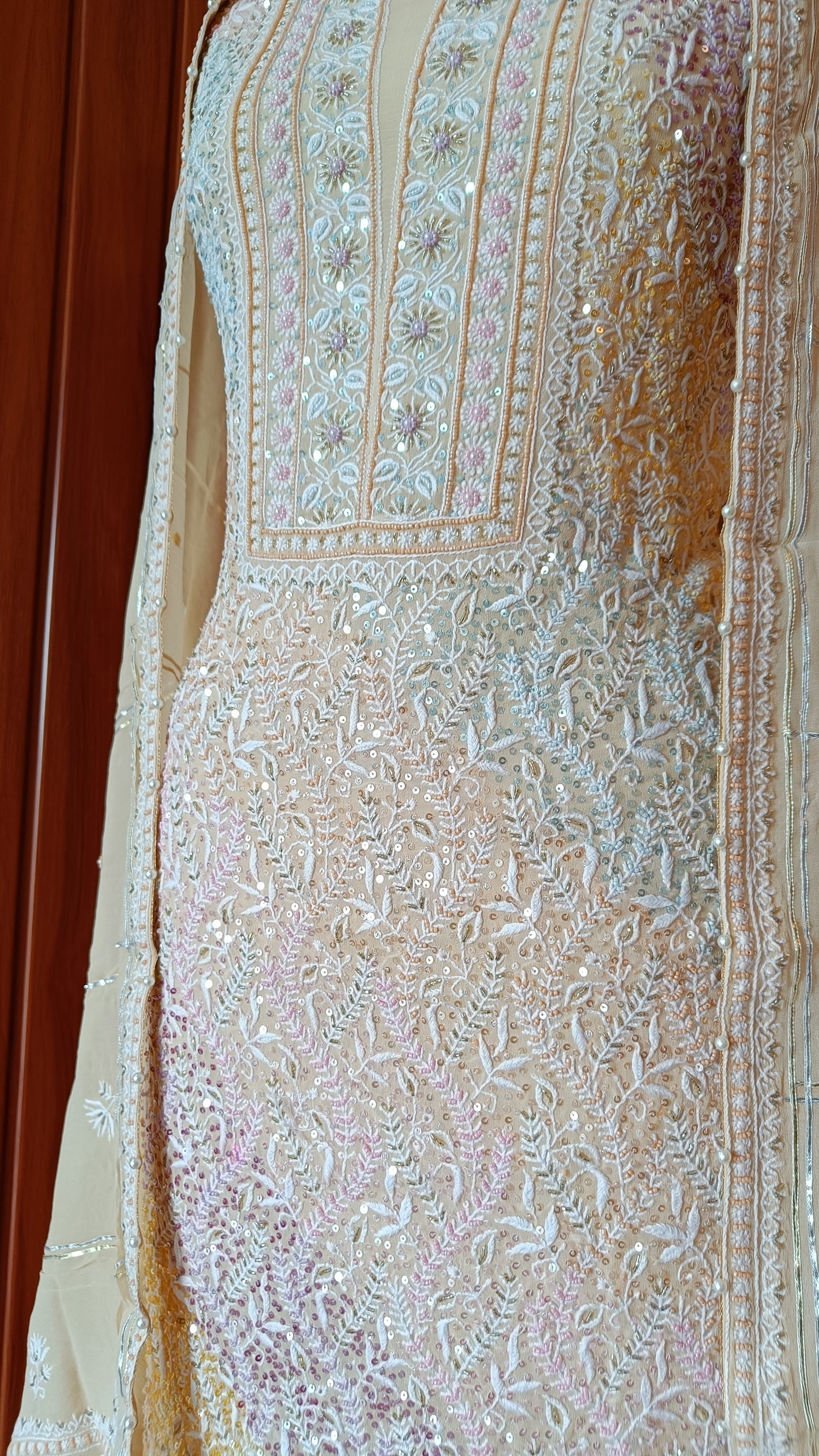 Ruhani Beige Suit with Chikankari Multicolored Sequins Pearl Cut Dana