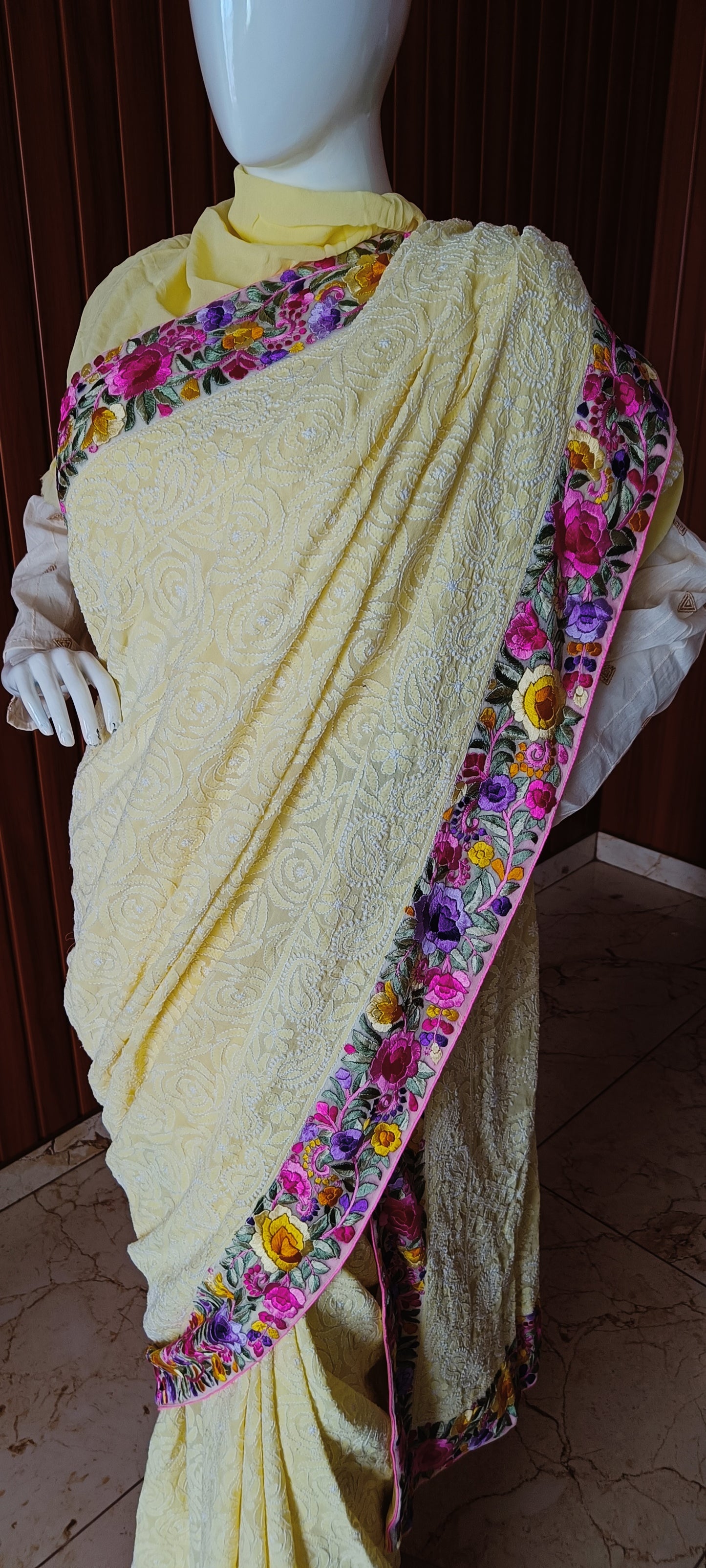 Yellow Rose Chikankari and parsi gara border saree