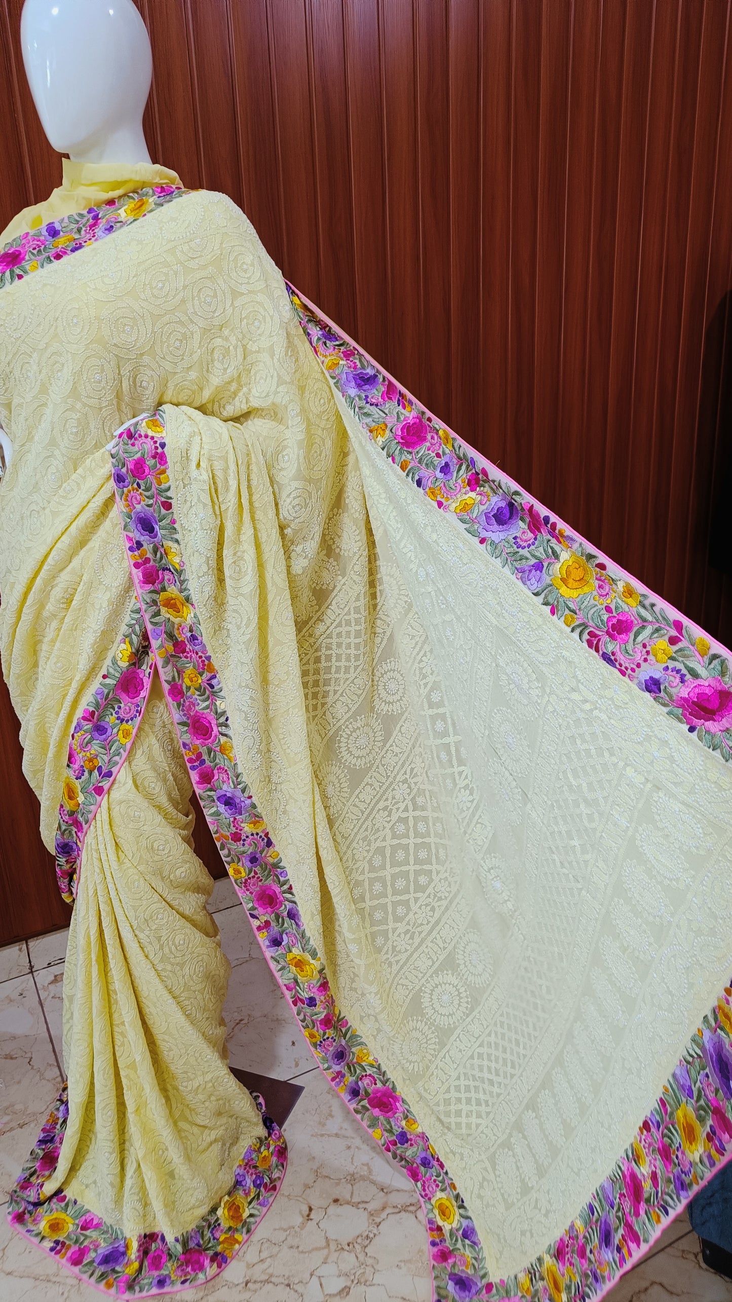 Yellow Rose Chikankari and parsi gara border saree