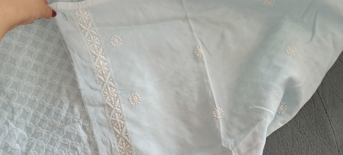 Sky Blue Chanderi Silk Men's Kurta fabric with fine Chikankari
