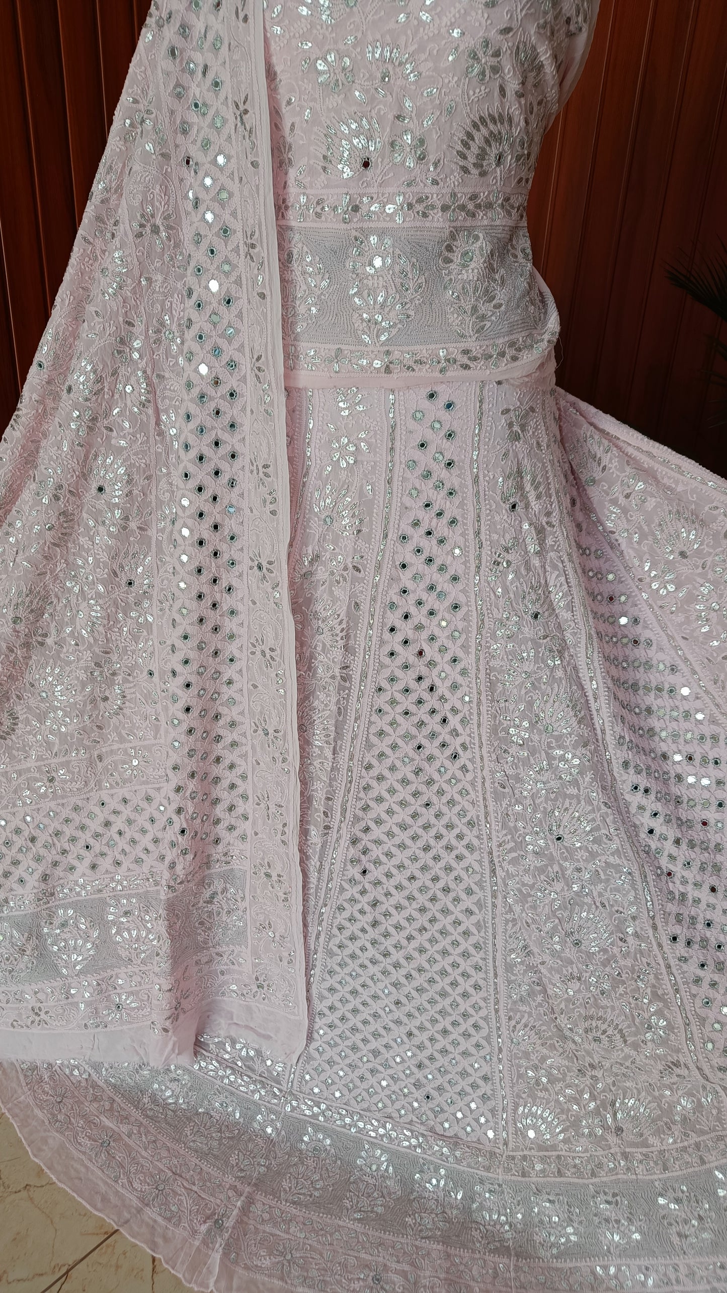 Ruhani Baby Pink Chikankari and silver mirror gota work georgette lehenga set