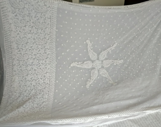 White semi georgette resham chikankari saree