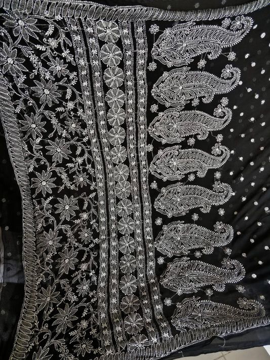 Black and white semi georgette resham chikankari saree.