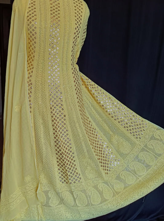 Lemon Yellow Allover Chikankari and Heavy Ring Mukaish Anarkali with Dupatta