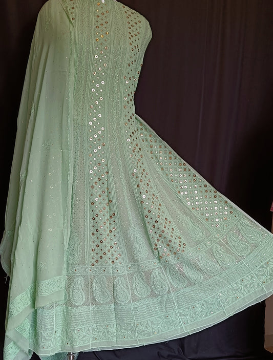 Sage green Allover Chikankari and Heavy Ring Mukaish Anarkali with Dupatta