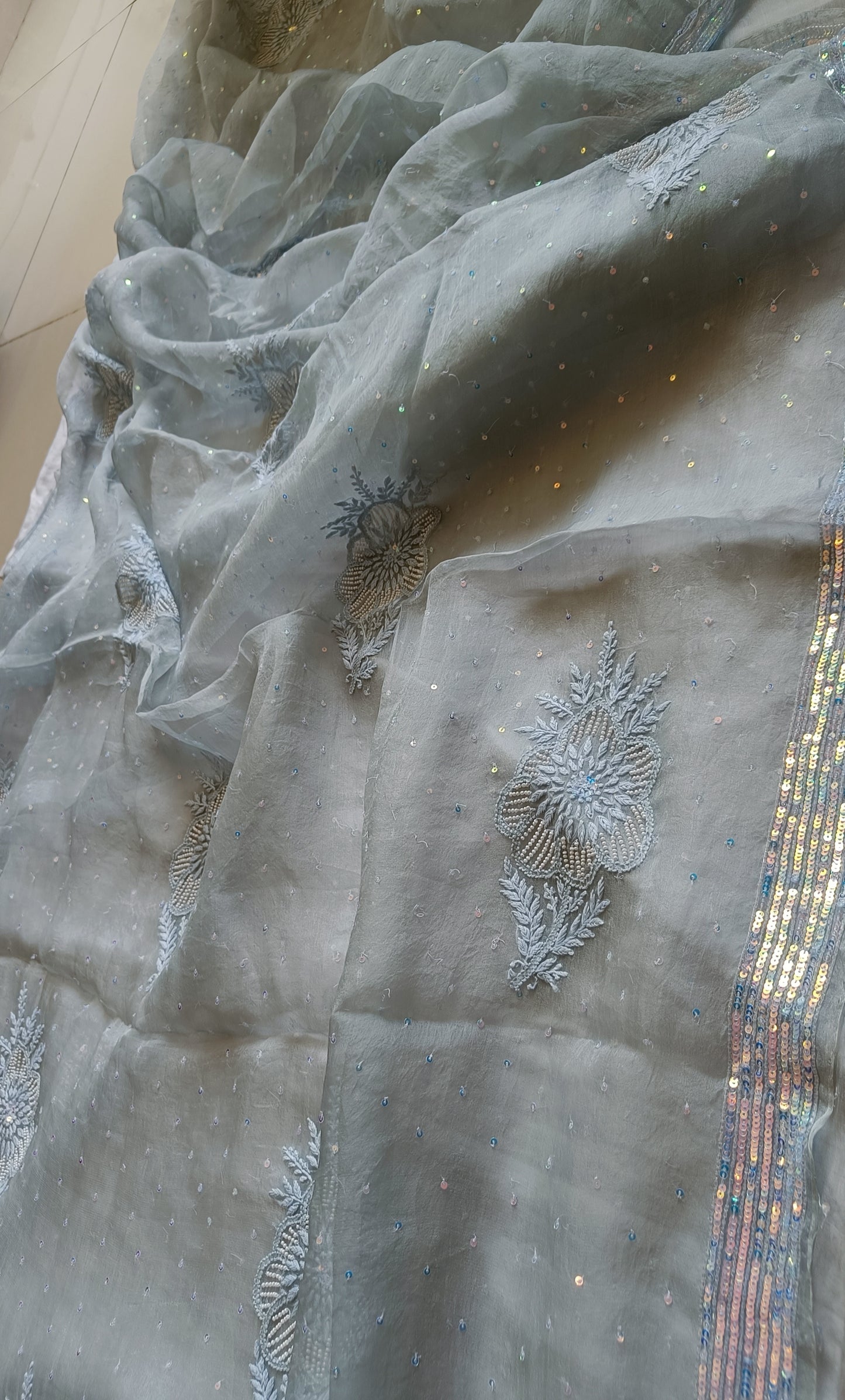 Ruhani Light Grey Pure Organza Saree with Allover Pearl and Sequins