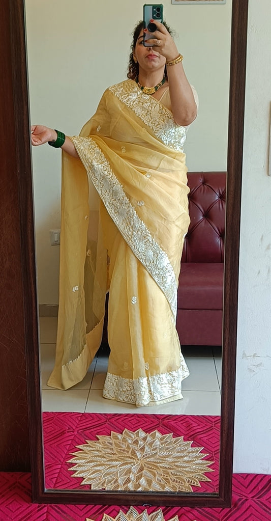 Soft Yellow Pure Organza Parsi Gara Hand Embroidered Saree