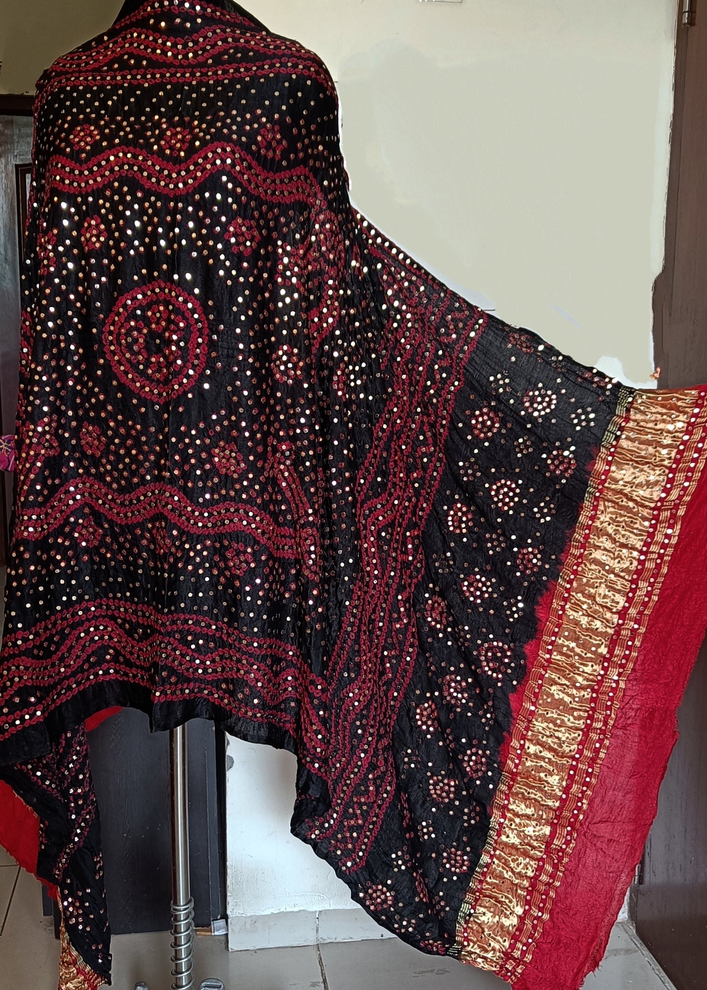 Black and Red Gajji Silk Bandhej dupatta with heavy mukaish work