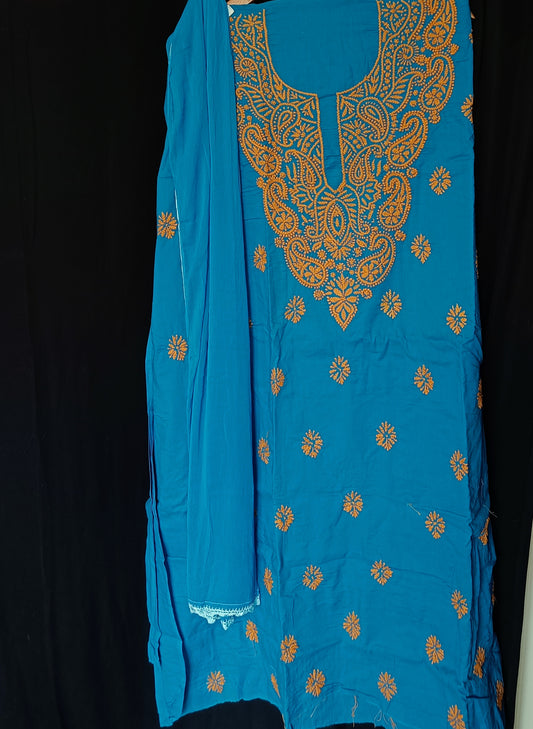 Turquoise Blue Cambric Cotton Chikankari suit