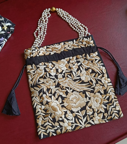 Black and Beige Hand Embroidered Parsi Gara Potli