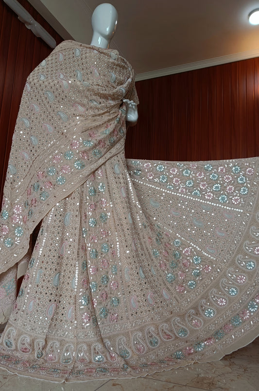 Ruhani Chikankari Mirror Pearl Gota and Multicolored Aari Work Wedding Lehenga