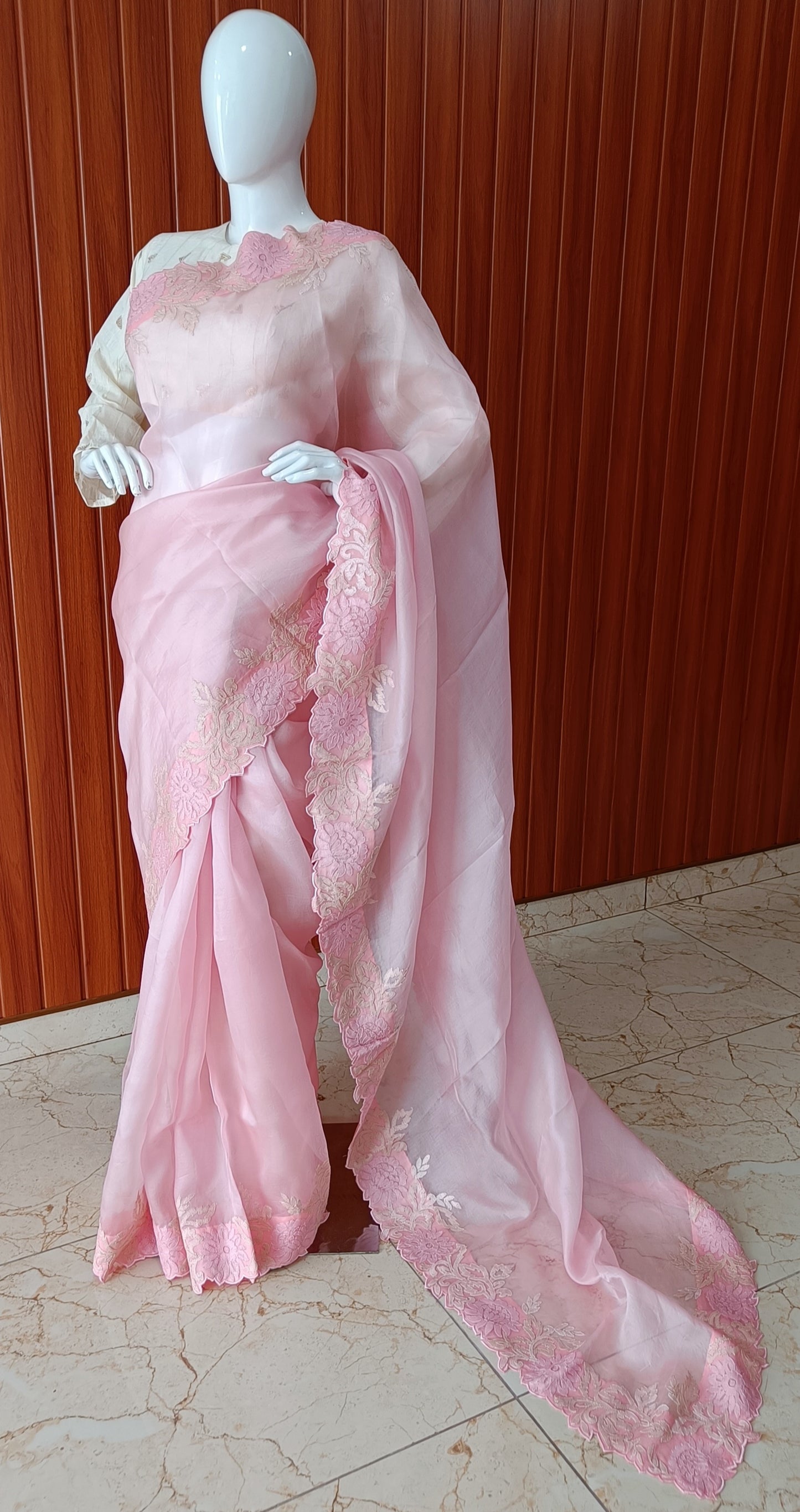 Pink Pure Organza Shadow and Cut Work Saree