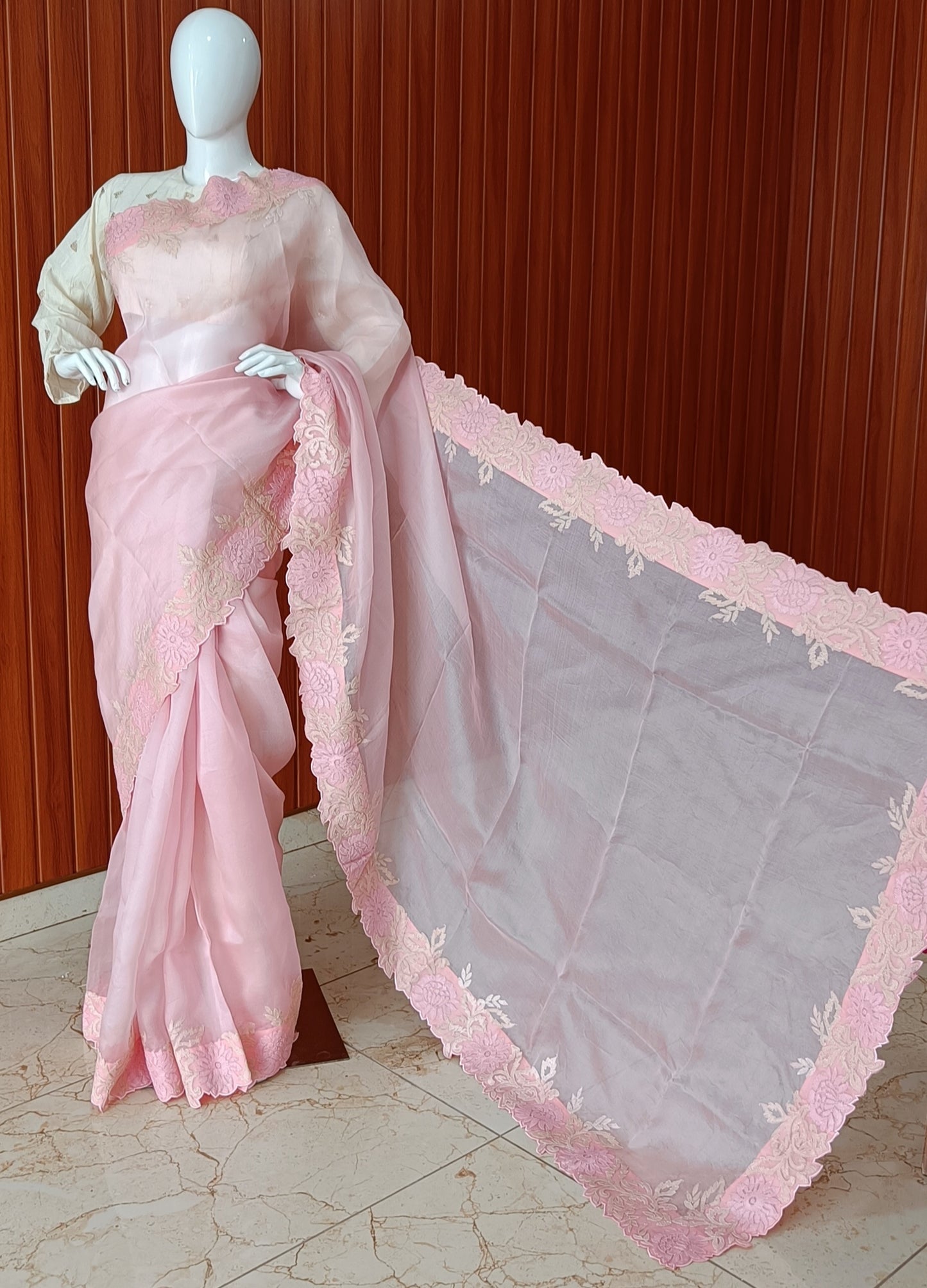 Pink Pure Organza Shadow and Cut Work Saree