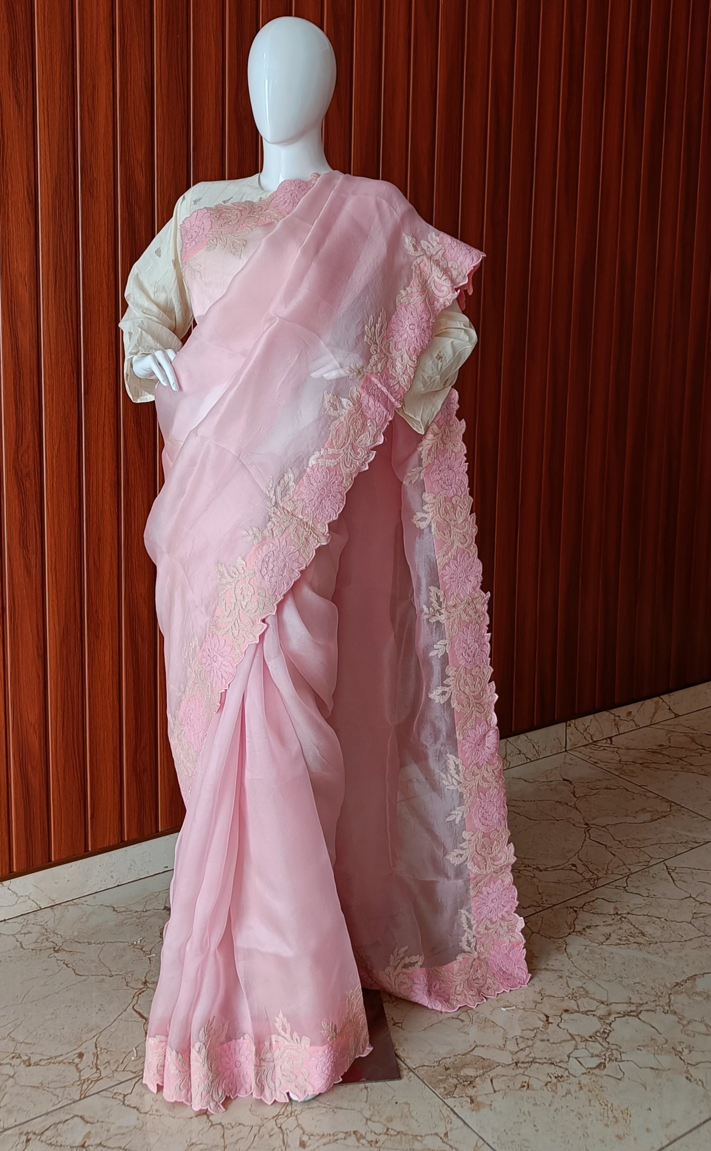 Pink Pure Organza Shadow and Cut Work Saree