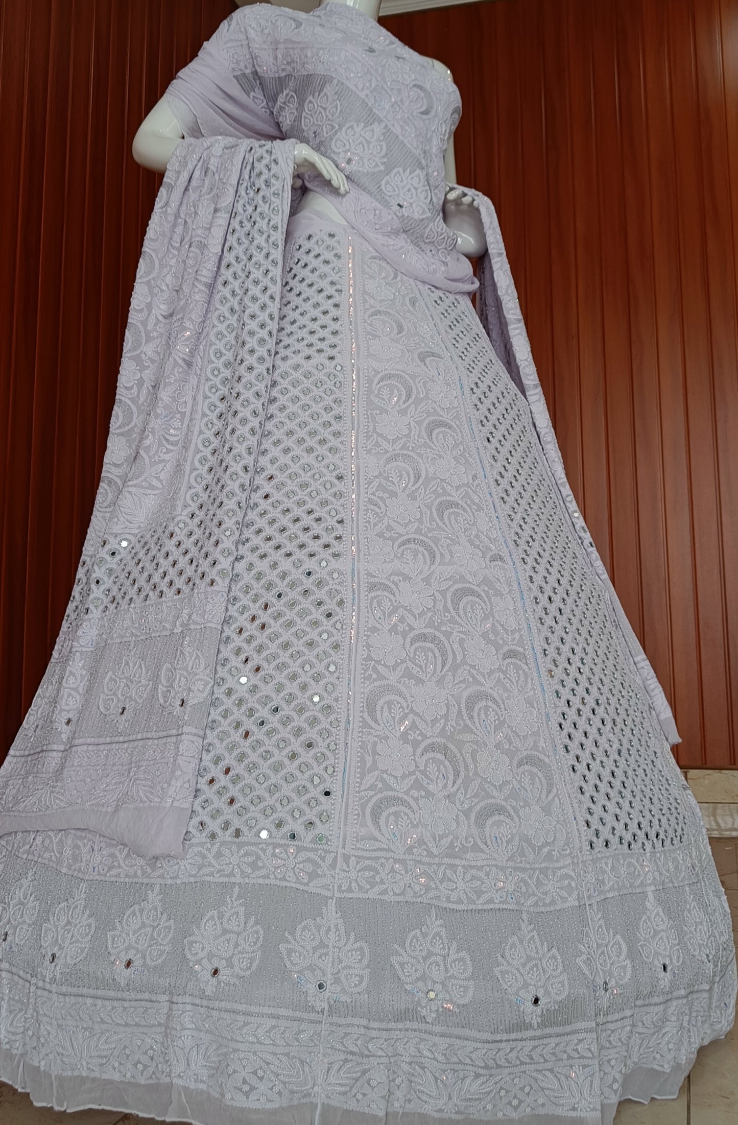 Light Lilac Chikankari Pearl and Mirror Work Georgette Lehenga Set