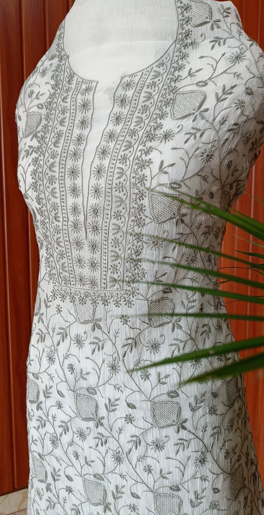 Off White and Grey Mulmul Chanderi fine Chikankari kurta and dupatta
