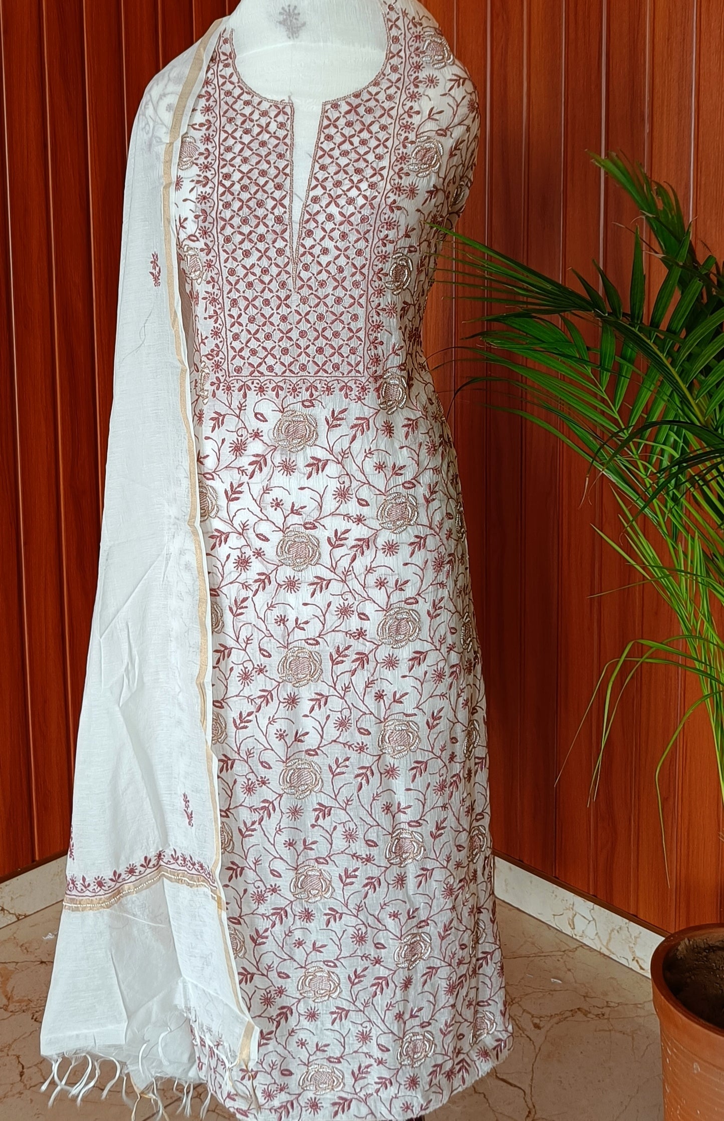 Off White and Pink Mulmul Chanderi fine Chikankari and Pearl Embroidered Suit