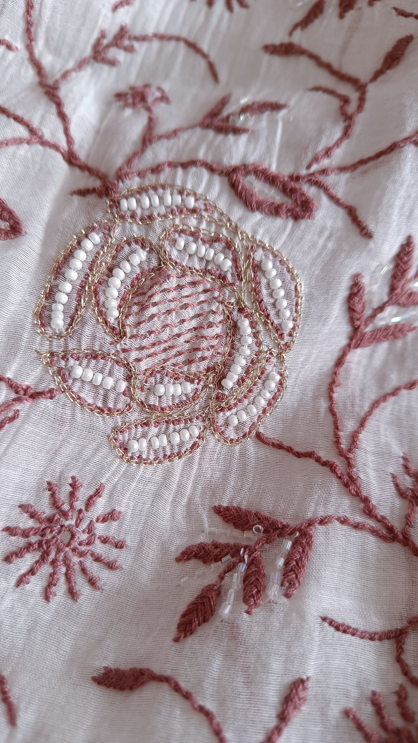 Off White and Pink Mulmul Chanderi fine Chikankari and Pearl Embroidered Suit