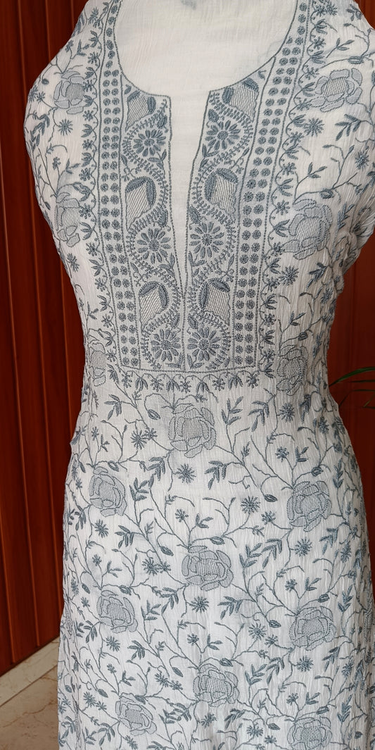 Off White and Bluish Grey Mulmul Chanderi fine Chikankari kurta and dupatta
