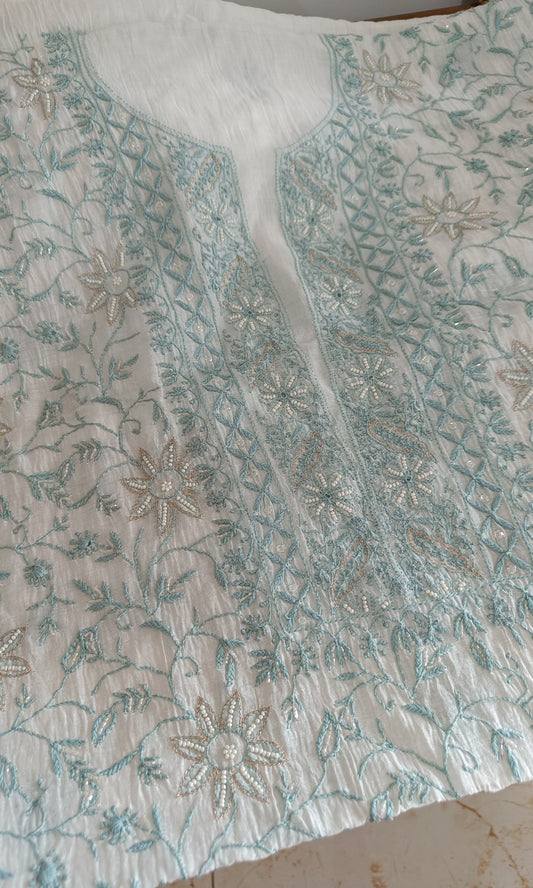 Off White and Firozi Mulmul Chanderi fine Chikankari and Pearl Embroidered Suit