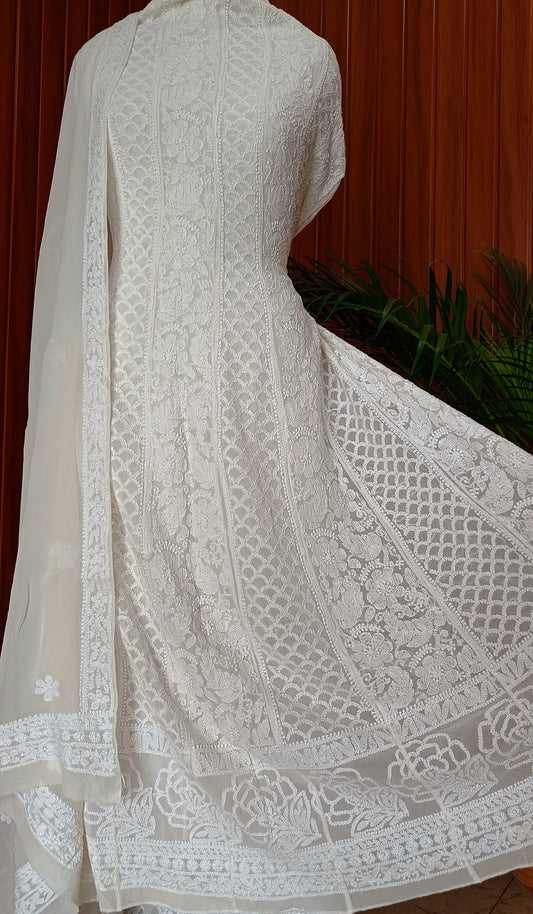 Off White Allover Fine Chikankari Pure Georgette Anarkali with dupatta