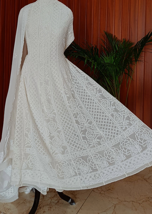 Off White Allover Fine Chikankari Pure Georgette Anarkali with dupatta
