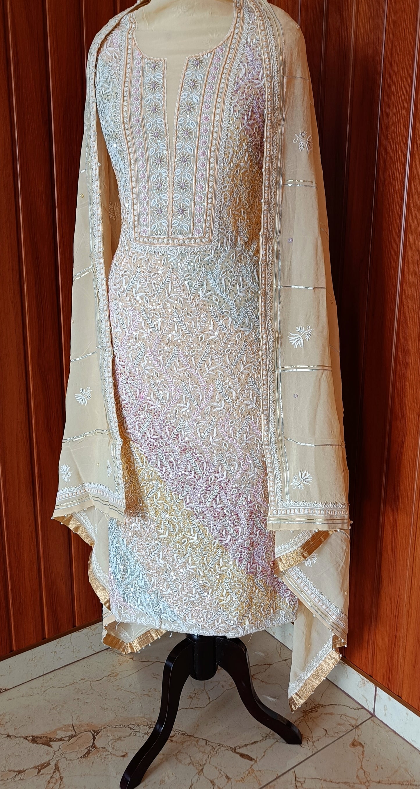 Ruhani Beige Suit with Chikankari Multicolored Sequins Pearl Cut Dana