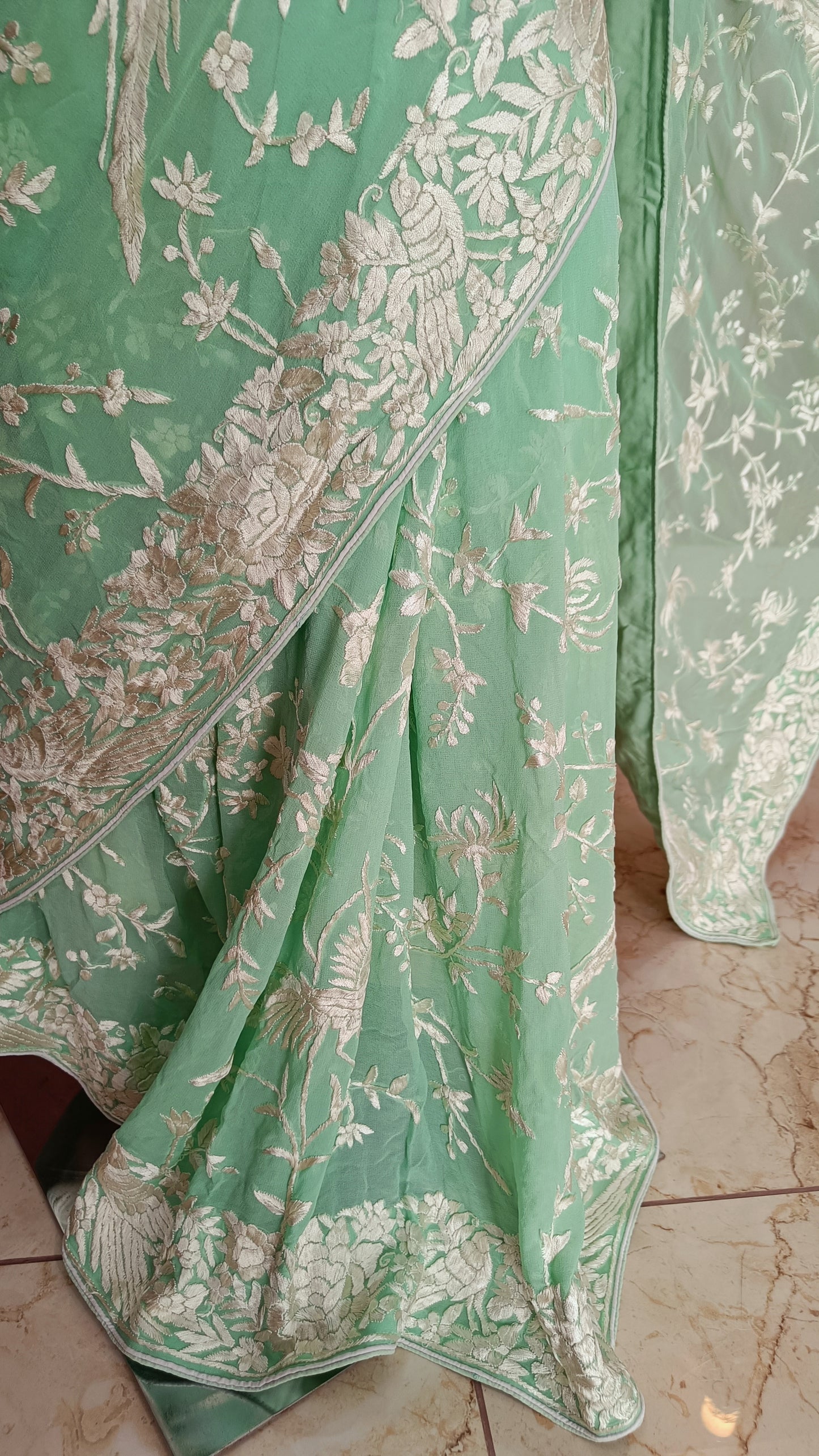 Mint Green Masterpiece Parsi Gara Hand Embroidered Saree