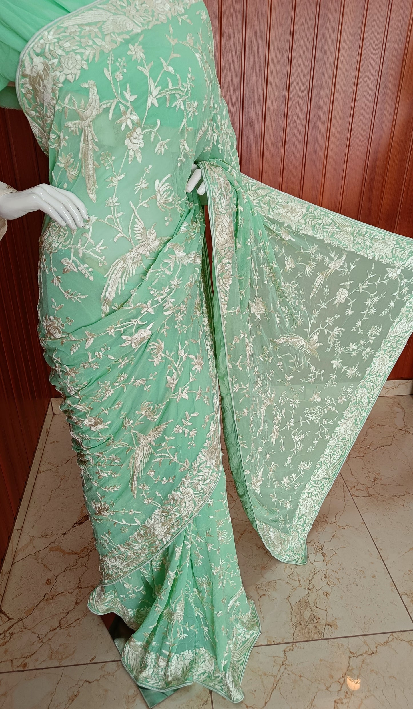 Mint Green Masterpiece Parsi Gara Hand Embroidered Saree