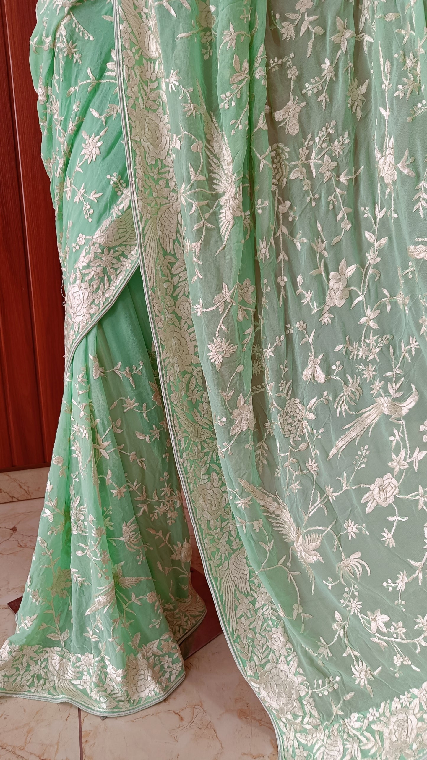 Mint Green Masterpiece Parsi Gara Hand Embroidered Saree