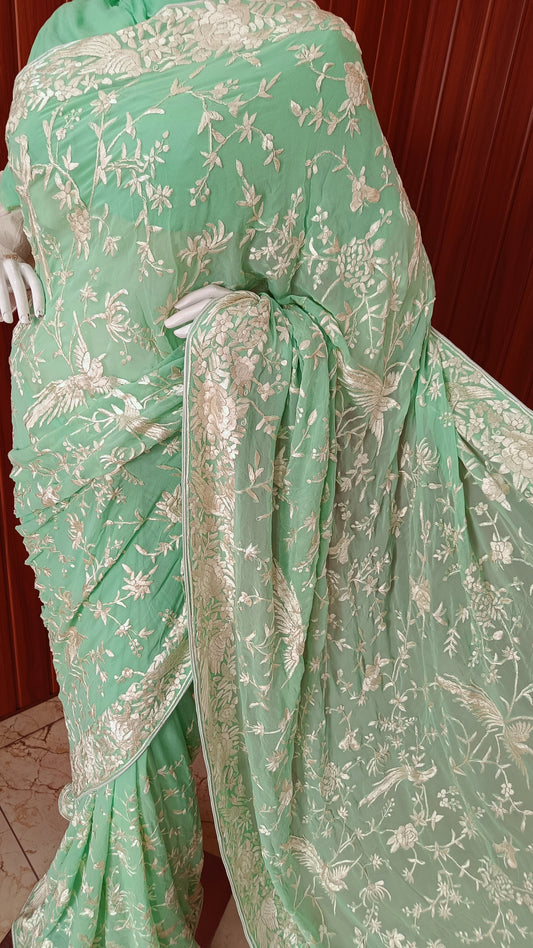 Mint Green Masterpiece Parsi Gara Hand Embroidered Saree