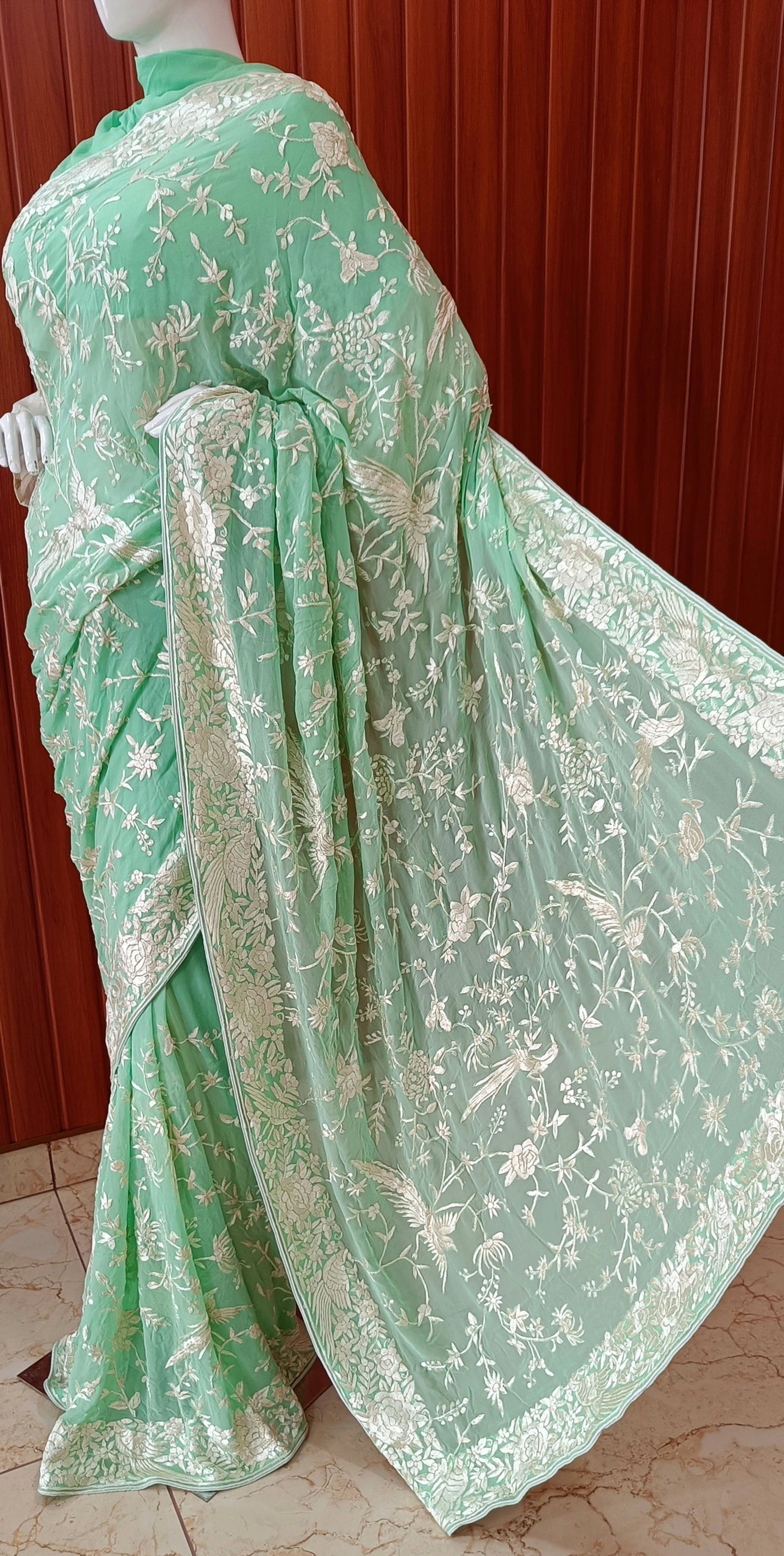 Mint Green Masterpiece Parsi Gara Hand Embroidered Saree