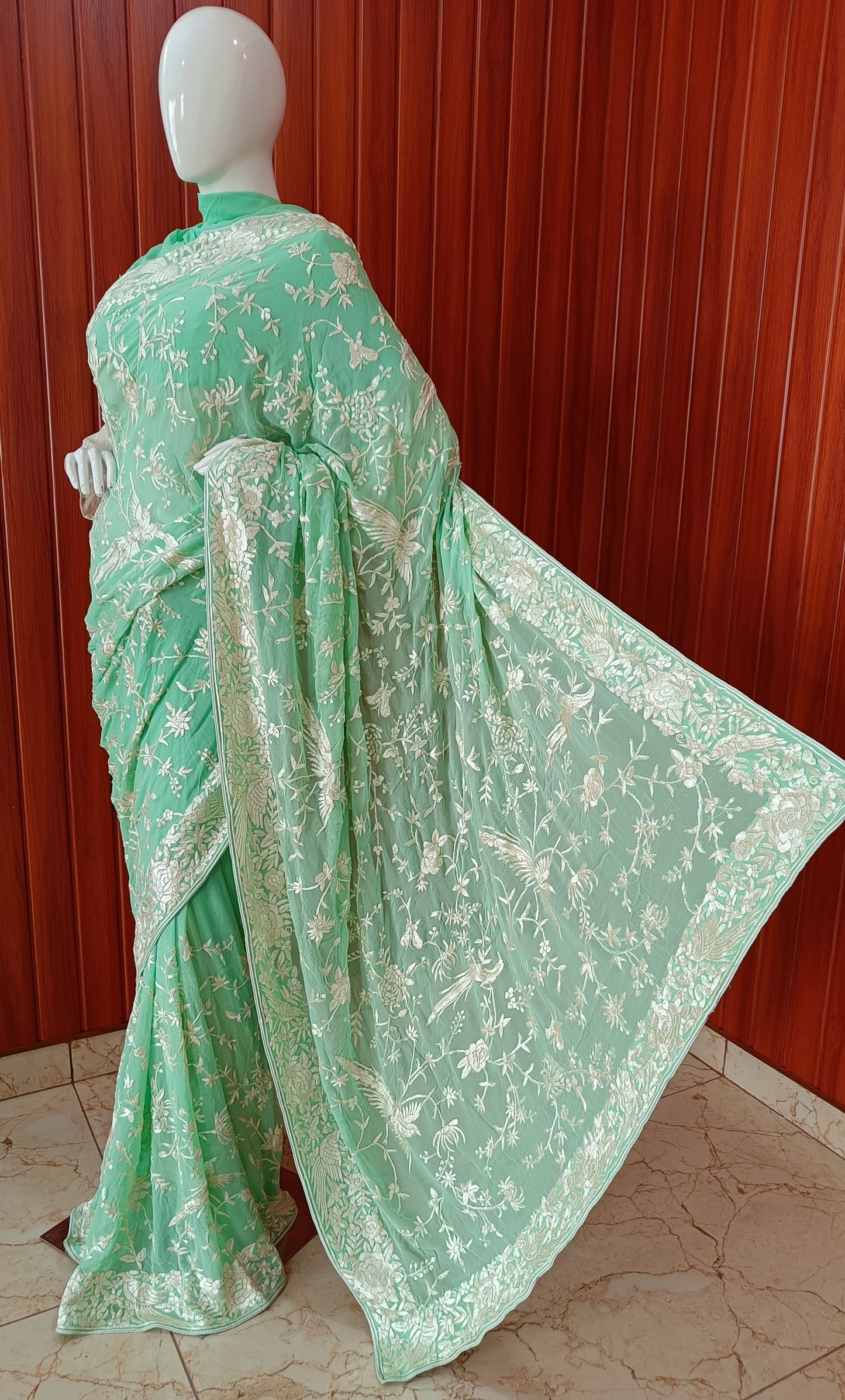 Mint Green Masterpiece Parsi Gara Hand Embroidered Saree