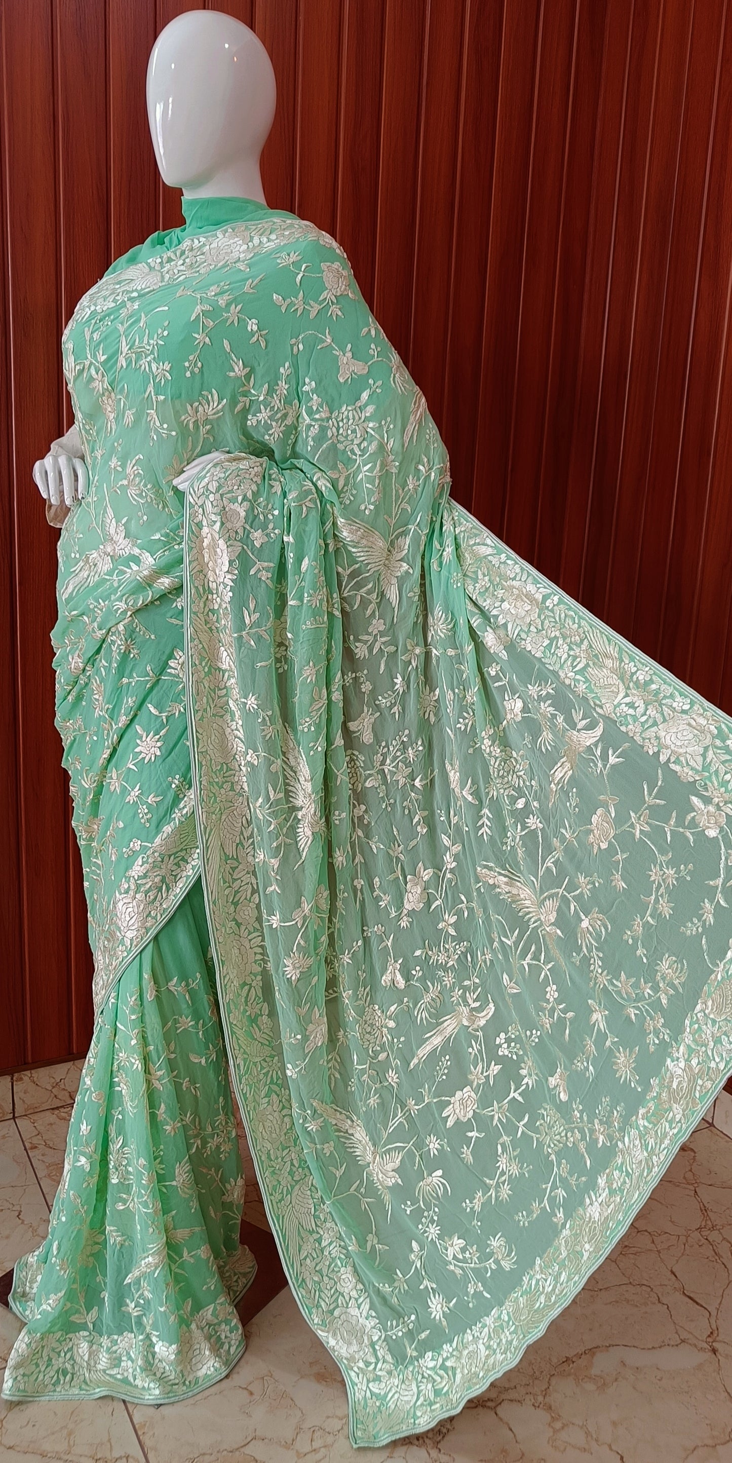 Mint Green Masterpiece Parsi Gara Hand Embroidered Saree