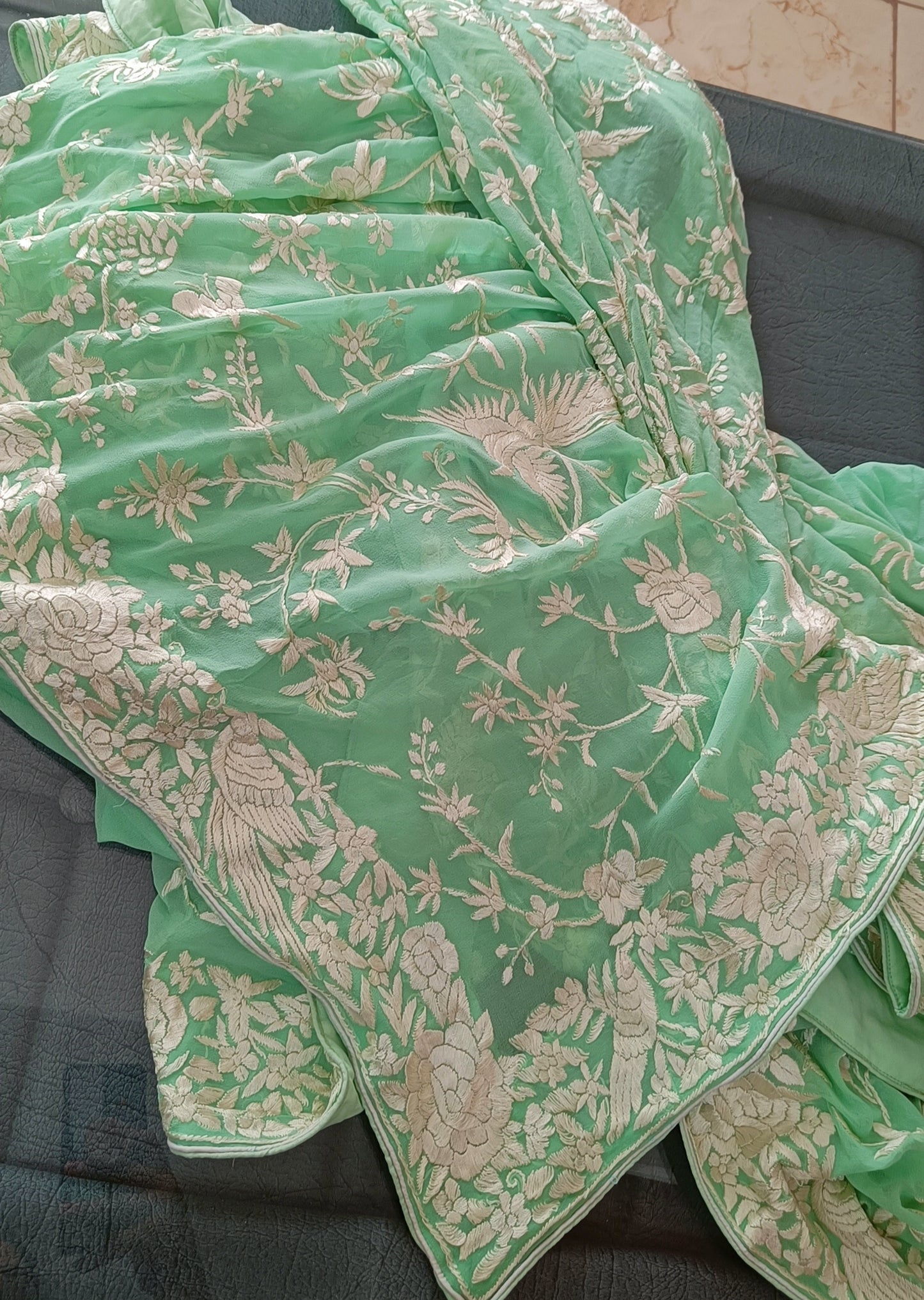 Mint Green Masterpiece Parsi Gara Hand Embroidered Saree