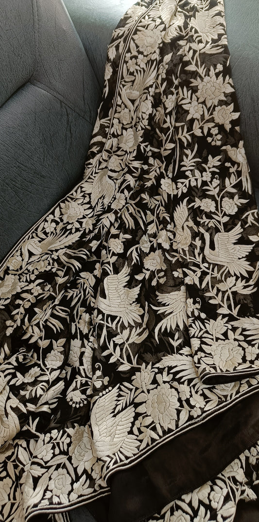 Black and Ivory Masterpiece Parsi Gara Hand Embroidered Dupatta