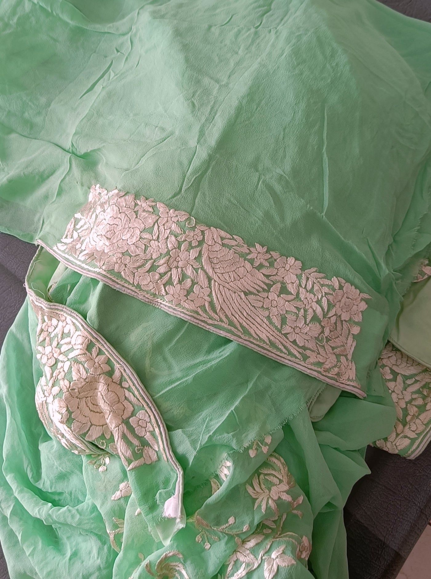 Mint Green Masterpiece Parsi Gara Hand Embroidered Saree