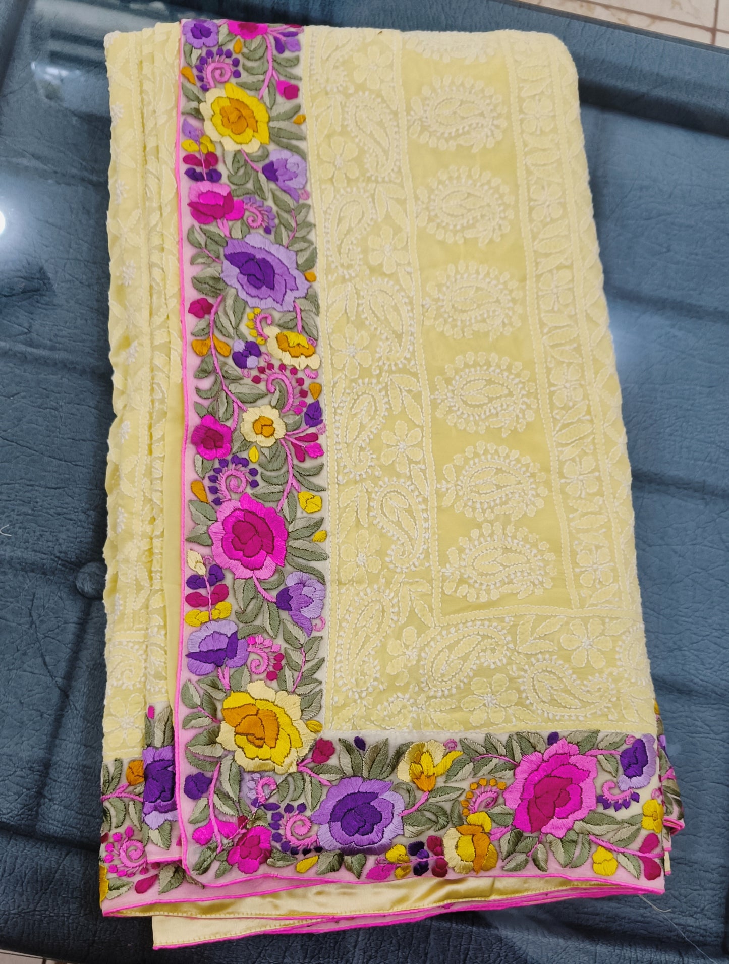 Yellow Rose Chikankari and parsi gara border saree