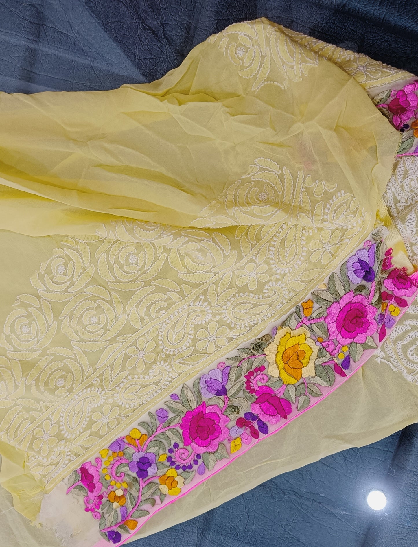 Yellow Rose Chikankari and parsi gara border saree