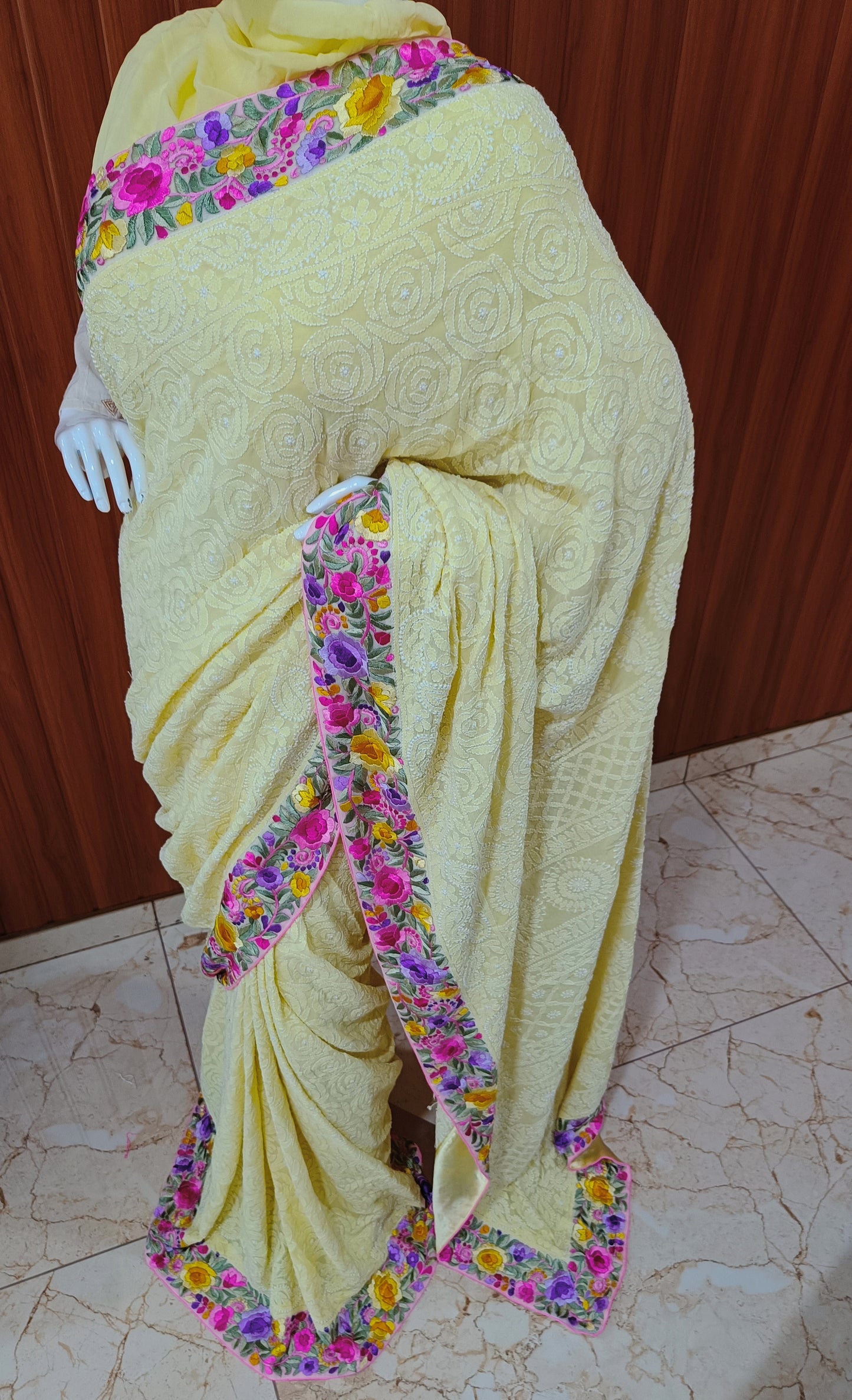 Yellow Rose Chikankari and parsi gara border saree