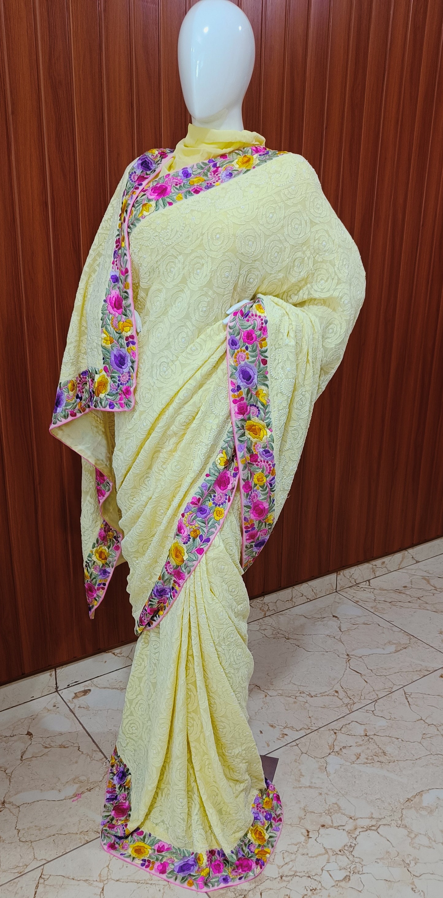 Yellow Rose Chikankari and parsi gara border saree