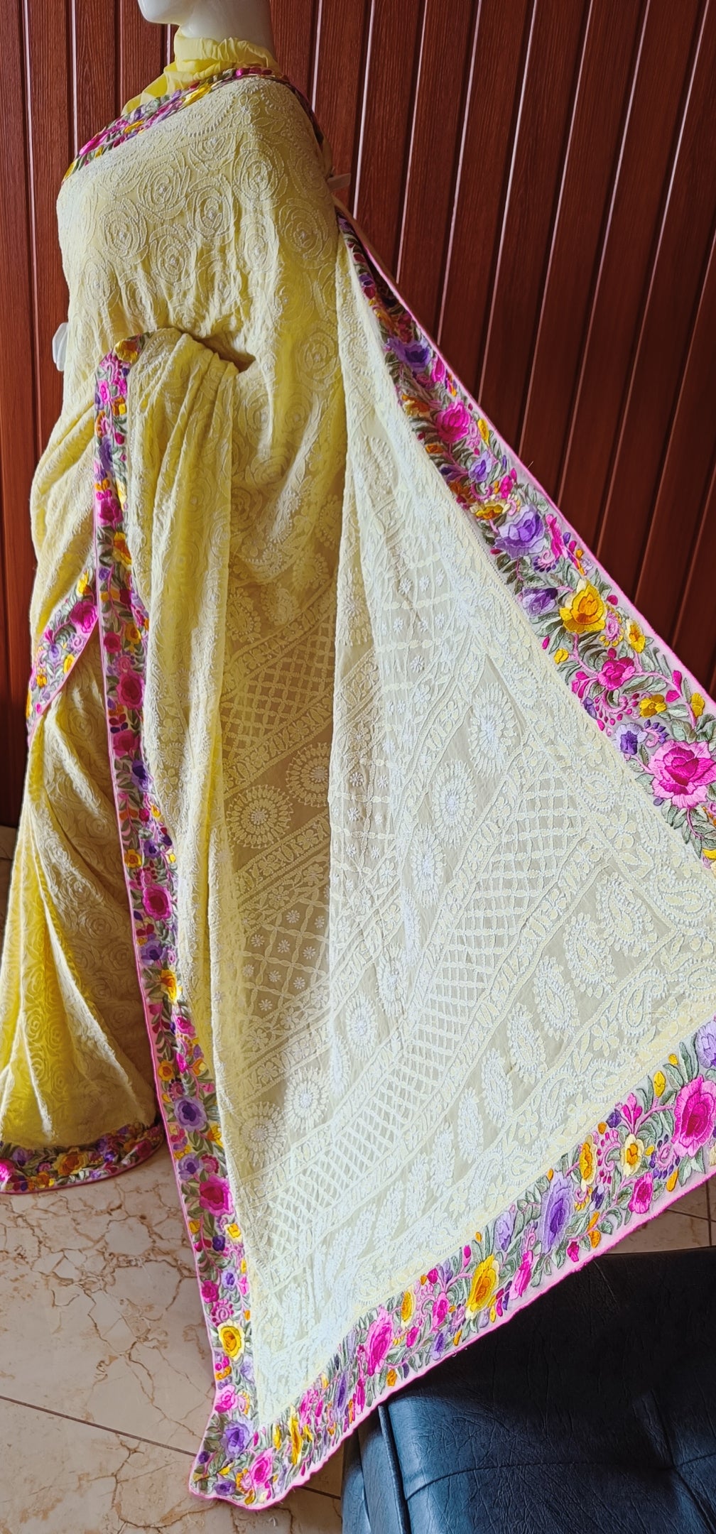 Yellow Rose Chikankari and parsi gara border saree