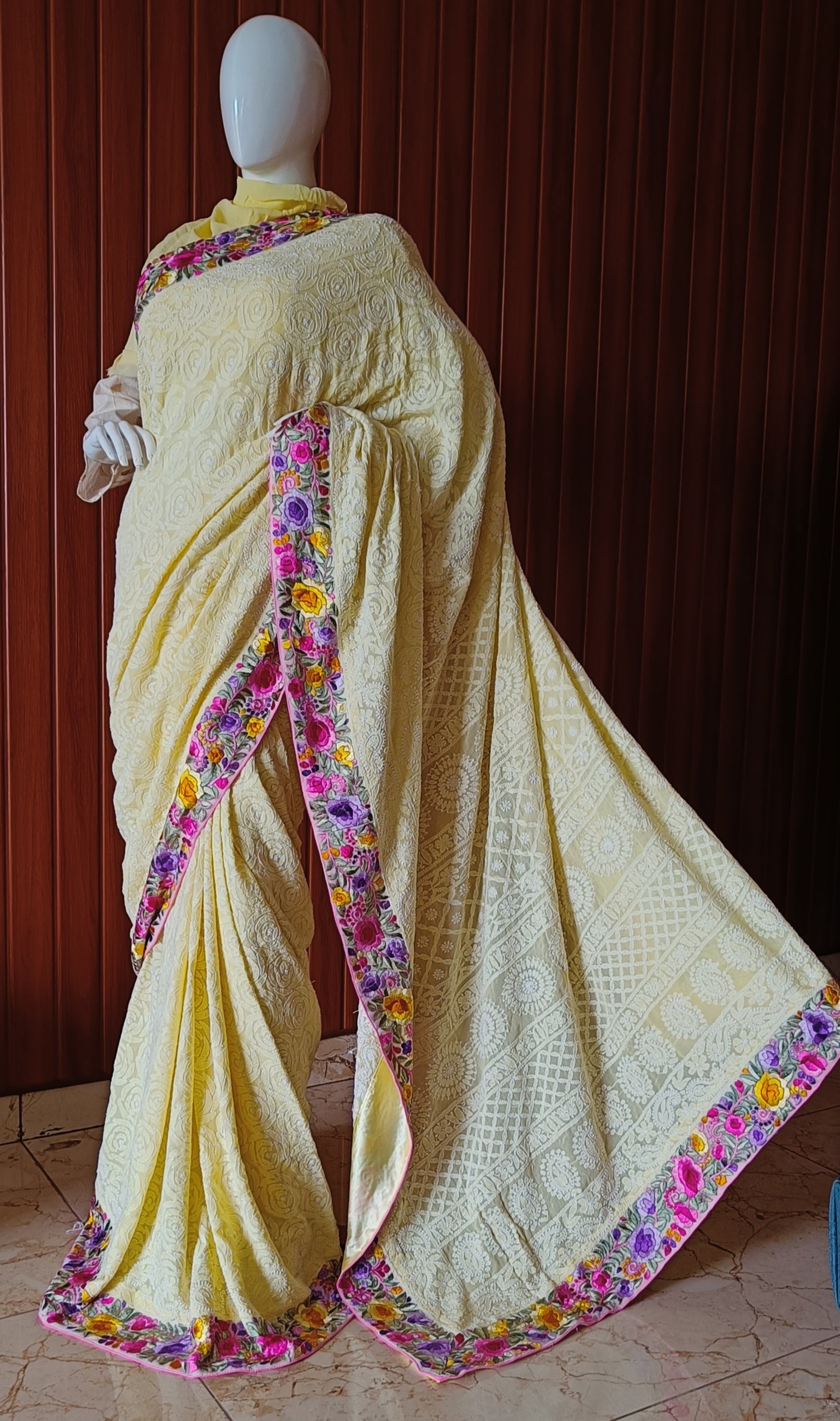 Yellow Rose Chikankari and parsi gara border saree