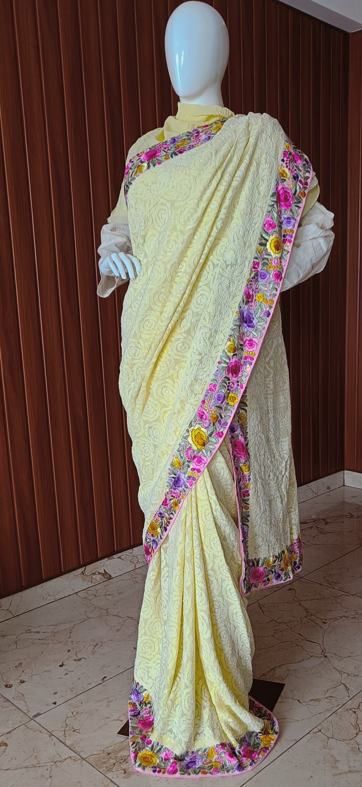 Yellow Rose Chikankari and parsi gara border saree