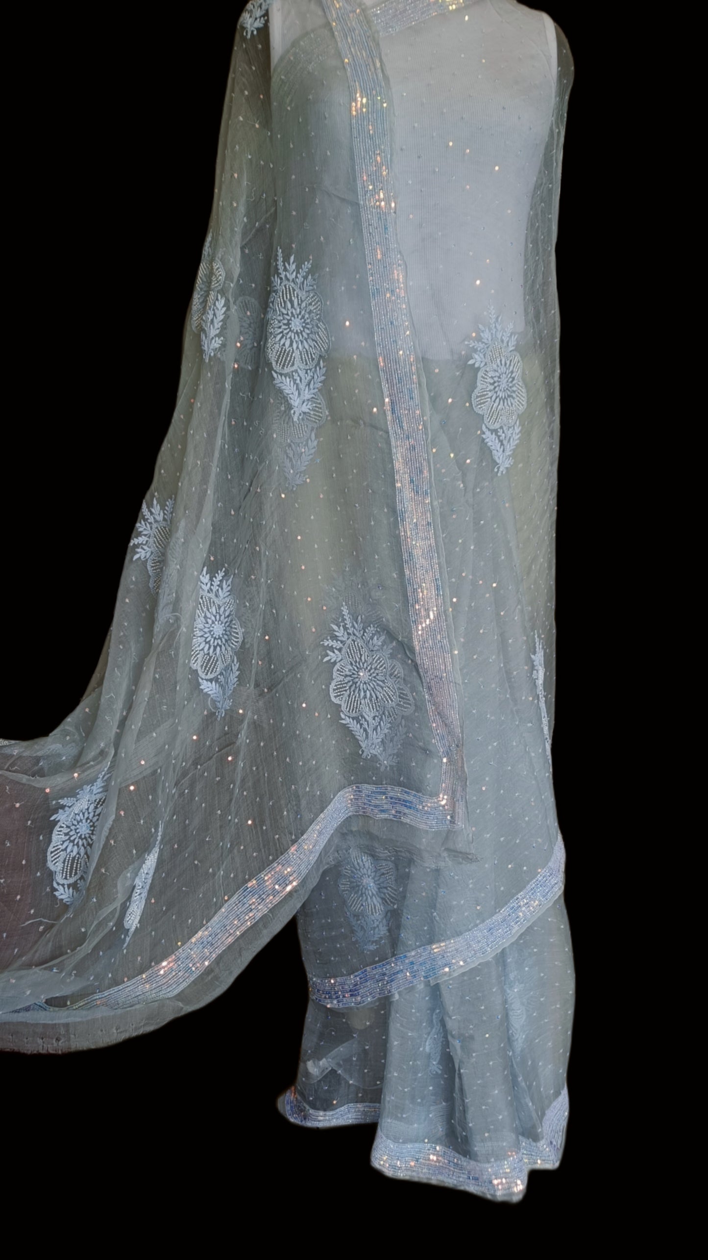 Ruhani Light Grey Pure Organza Saree with Allover Pearl and Sequins