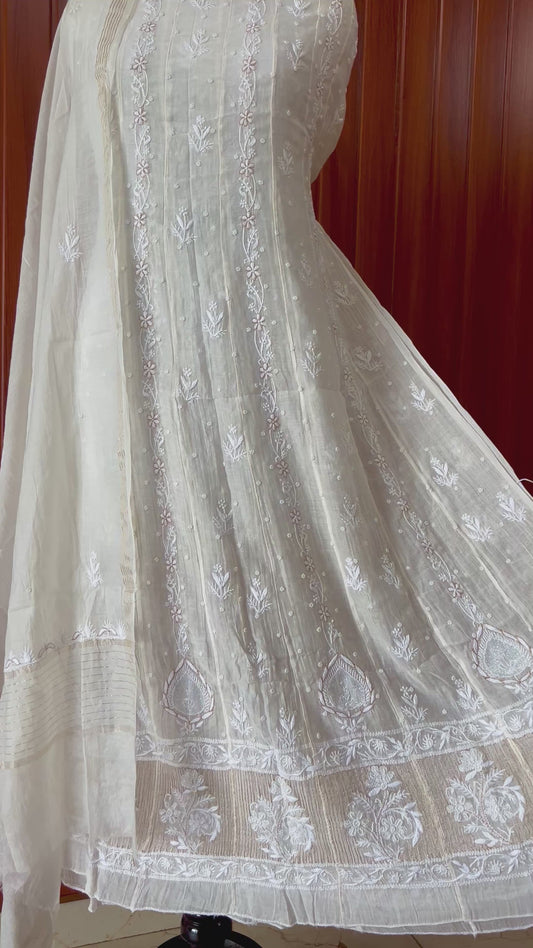 Mul Chanderi Anarkali with chikankari and pearl work