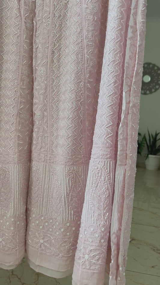 Powder pink Chikankari Cut Dana and pearl Anarkali with Dupatta