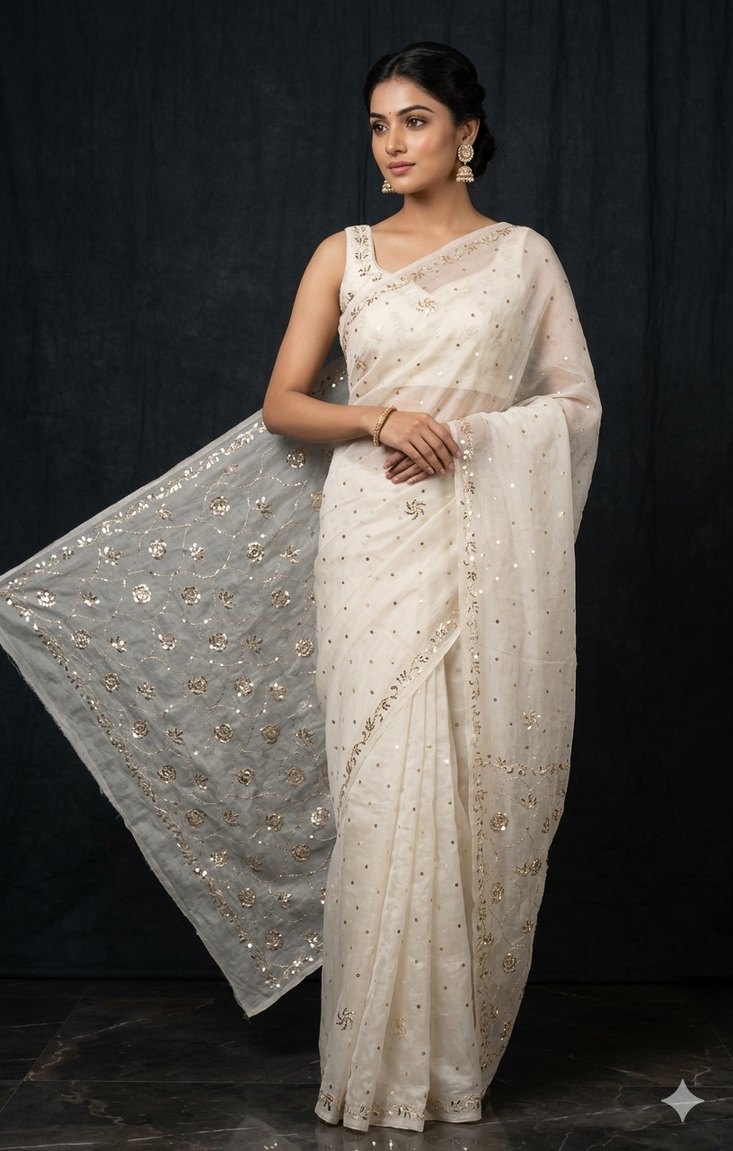 Ivory Pure Organza Saree with Badla and Mukaish Work